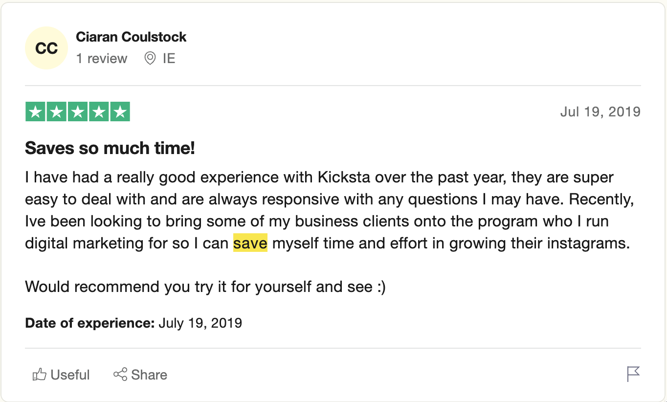 trustpilot review on kicksta by hayden byrne